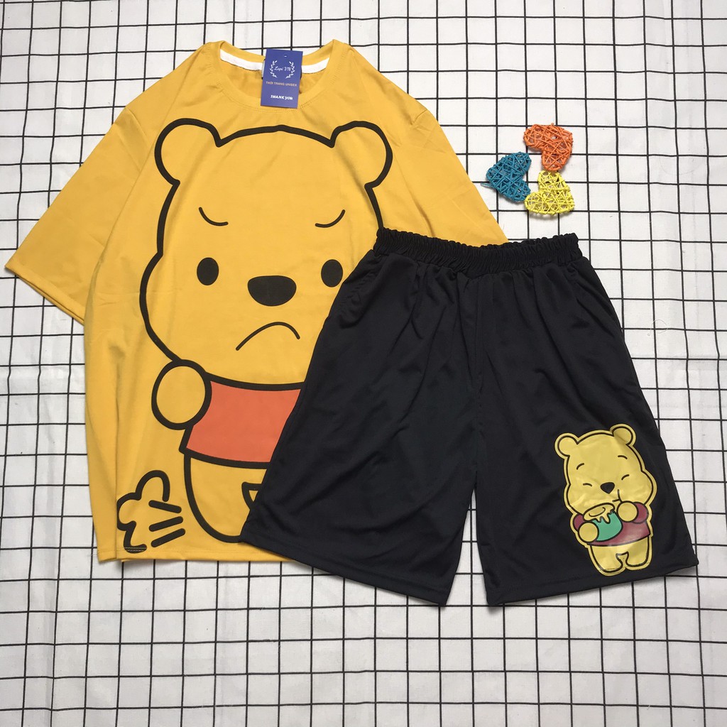 Set Đồ Bộ cartoon " Gấu Pooh"  3D Cute-Lapi VN, Freesize Đến 65kg, Đồ Mặc Nhà Nam Nữ Đều Mặc Được, Chất Thun Cotton