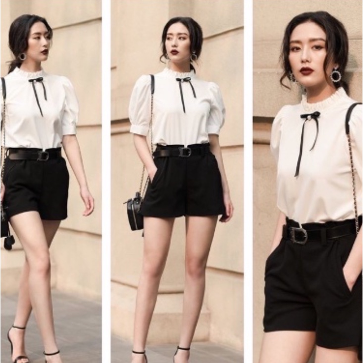 Thanh lý & Pass - Áo sơ mi trắng công sở, cổ nơ trẻ trung, tay cộc bồng nhẹ Huong Boutique