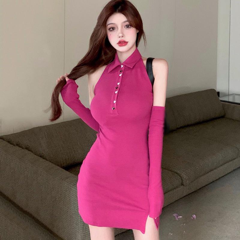 Đầm xẻ tà cổ yếm ôm dáng thời trang cho nữ