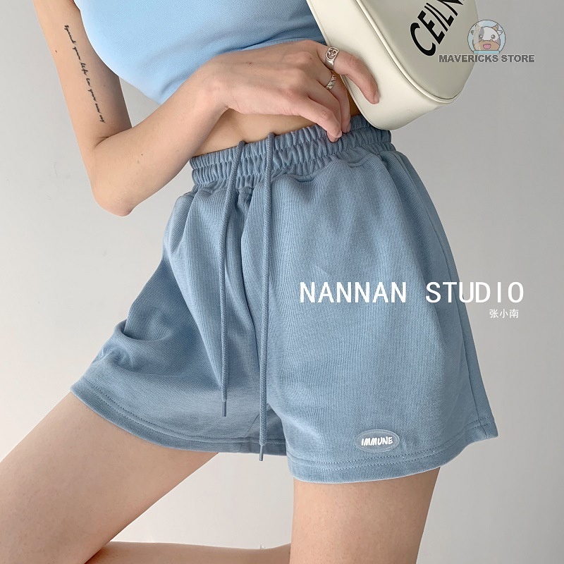 Quần short thể thao lưng cao màu trơn phối dây rút thời trang Hàn Quốc cho nữ