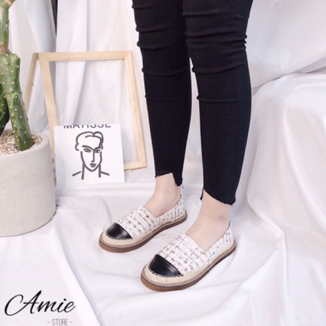 Giày Slip on Viền Cói Chất Vải Dệt Mũi Da Cực Xinh (M889)