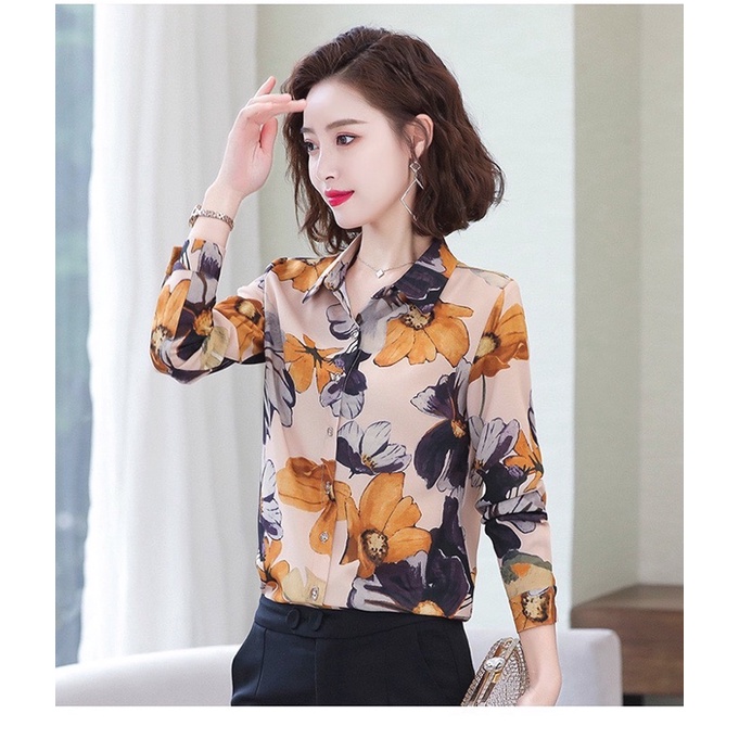 áo sơ mi công sở nữ hoa 3D tay dài size S M L Xl