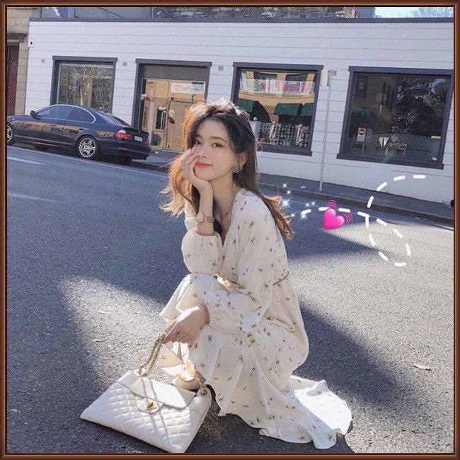 Đầm Midi Chiffon Tay Dài Dáng Ôm In Họa Tiết Hoa Ngọt Ngào Xinh Xắn Cho Nữ