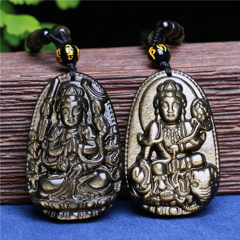 Mặt dây chuyền đá hắc diện thạch pha lê màu vàng tự nhiên hình Phật cá tính cho nam