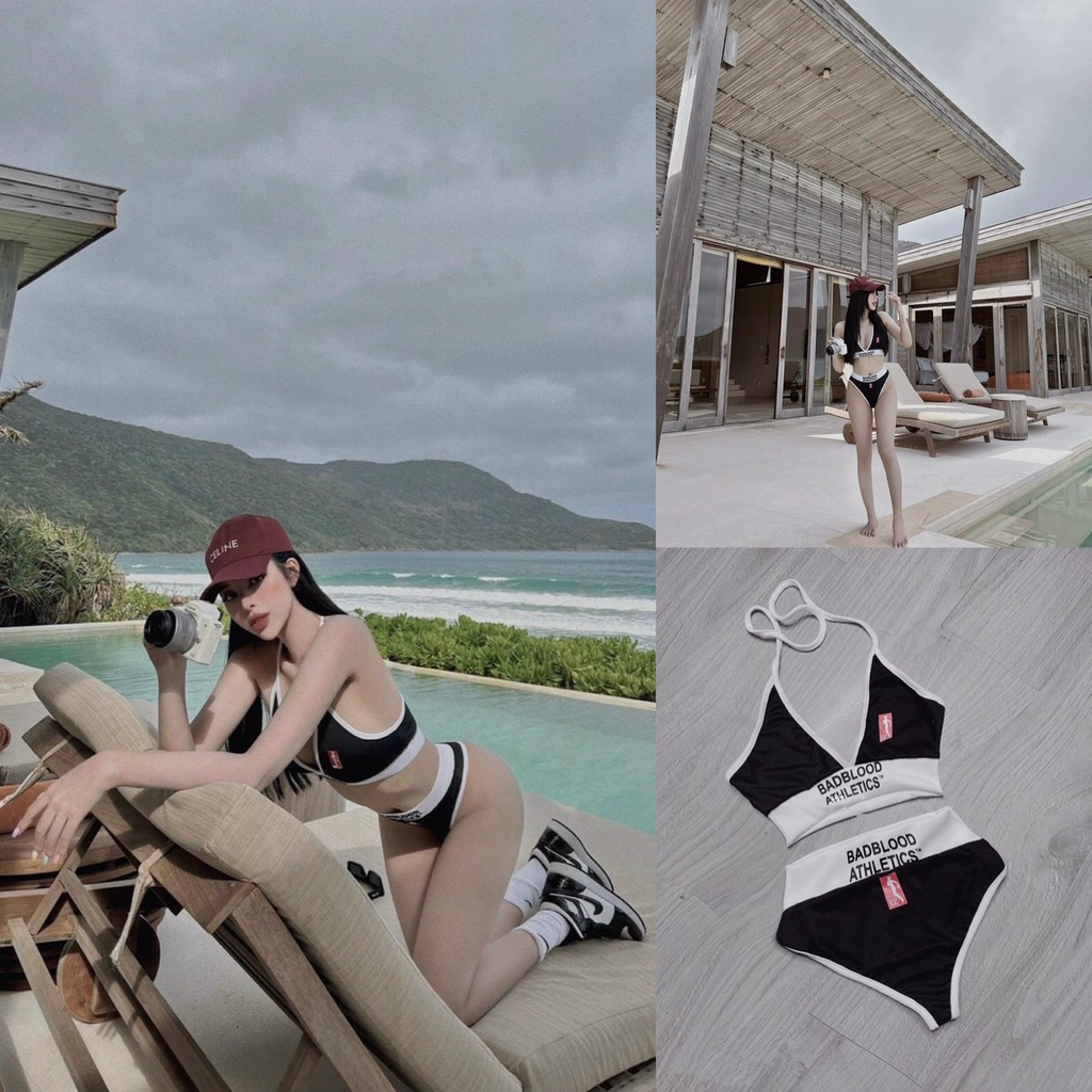 Set bộ bikini đi biển 2 dây mảnh tam giác viền trắng phối chữ sexy BADBLOOD