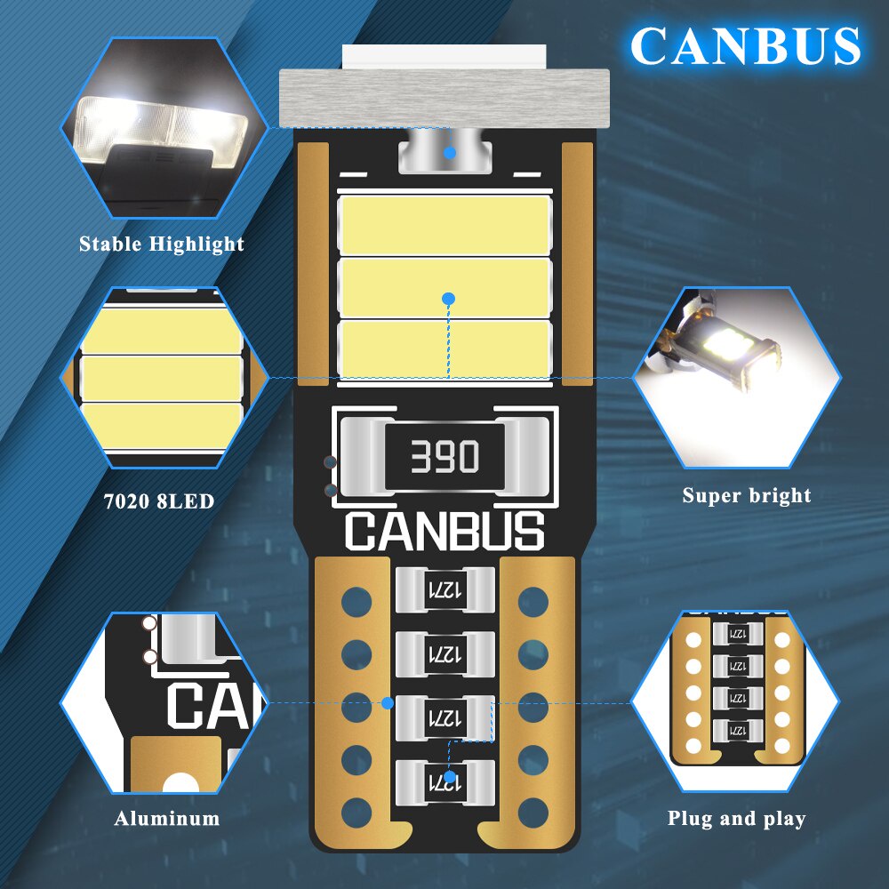 Bộ 10  Đèn Led T10 Canbus W5W 7020 8smd 194 168 12V Dành Cho Ô Tô