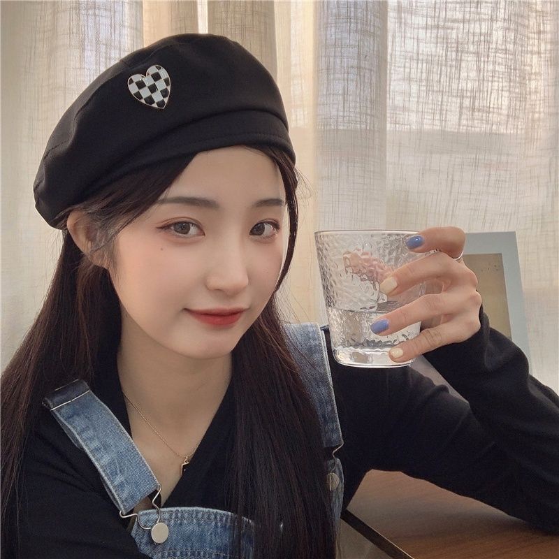 Mũ Beret Tag Hình Trái Tim Họa Tiết Caro