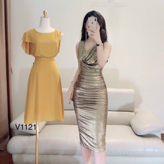 Váy body nhũ vàng cổ đổ