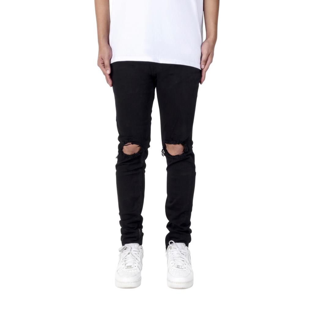 Quần jean nam streetwear cao cấp FNOS Z9 màu đen rách gối form slimfit có zip jean co giãn Đẹp -