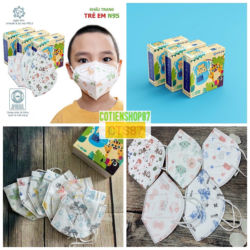 Combo 5 hộp 50 cái Khẩu trang N95 trẻ em Tuấn Anh, size cho bé 4-12 tuổi, 5 lớp kháng khuẩn, dây đeo co dãn, nhiều màu