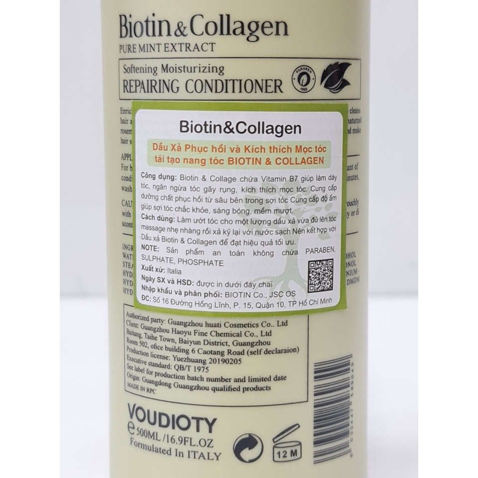 Combo Dầu Gội Và Dầu Xả Cho Tóc Dầu Biotin Collagen Phục Hồi Kích Thích Mọc Tóc 500ml x2 Màu Xanh Lá