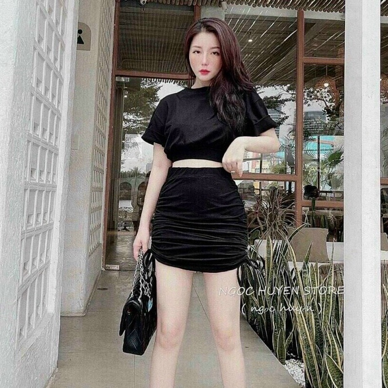 Set đầm rút dây ôm body áo croptop kèm chân váy sexy năng động