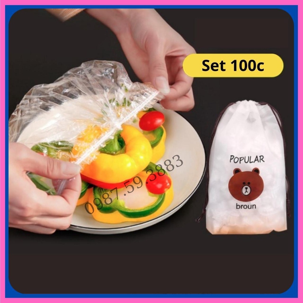 Màng Bọc Thực Phẩm Co giãn Siêu Dai Có Chun Hình Túi Gấu Set 100 chiếc