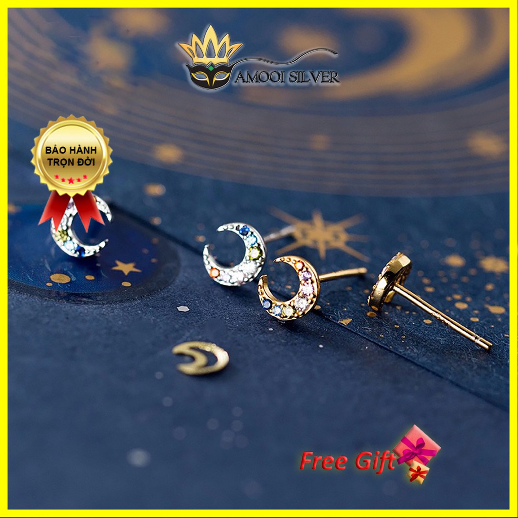 Bông tai bạc S925 mặt trăng nhí đã ngũ sắc - Amooi Silver AB166