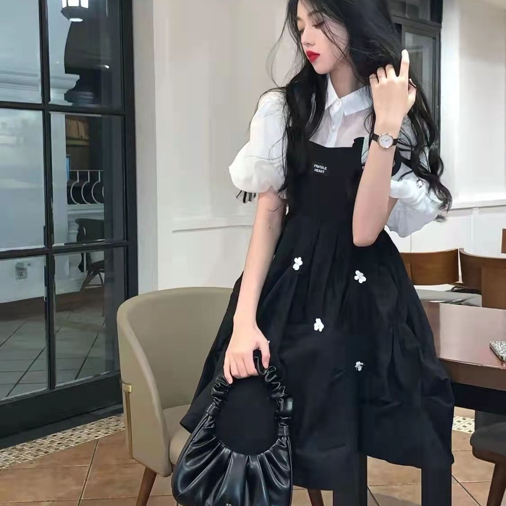 Đầm hai dây Perty thiết kế mặc ngoài màu đen phong cách Hàn Quốc đáng yêu đa năng cho nữ