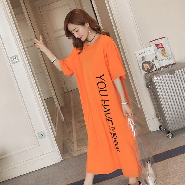 Đầm Dài Qua Gối Tay Ngắn Dáng Rộng In Chữ Thời Trang Mùa Hè Xinh Xắn Cho Nữ