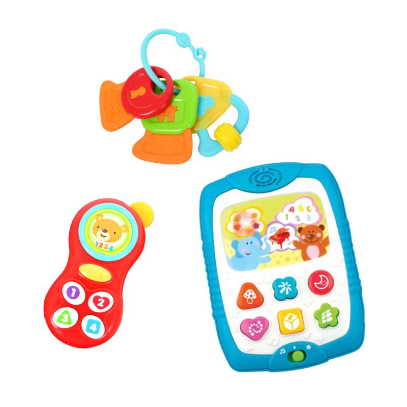 Set 3 món đồ chơi công nghệ điện thoại, Ipad kèm chìa khóa gặm nướu Winfun 3024/3025