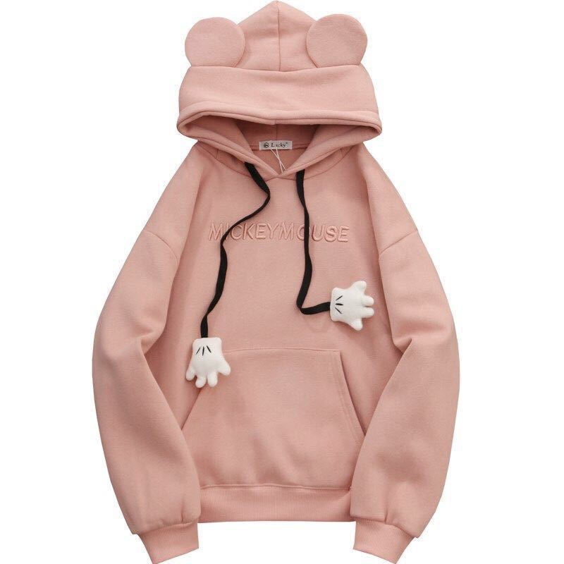 Áo hoodie dáng rộng có mũ trùm đầu mùa thu đông dễ thương kiểu tai thú cho nữ