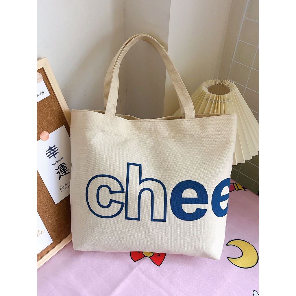 Túi Tote Vải Canvas Chee58 Nữ phong cách Ulzzang Có Khóa Kéo chất liệu dày dặn