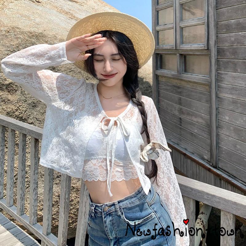 ღtwღWomen´s Summer Cardigan Jacket Solid Color Long Sleeves Strappy Sun Protection Cropped Lace Shirt