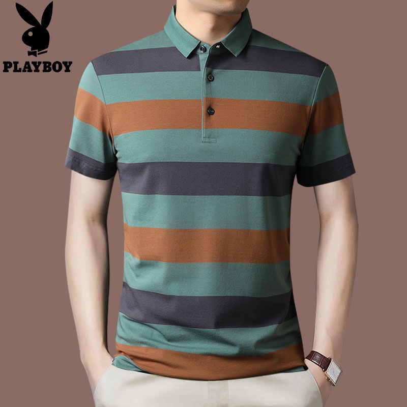 Áo sơ mi trung niên ngắn tay nam mỏng phù hợp với bố mùa hèÁo phông nam ngắn tay chính hãng Playboy có cúc len sọc ve Sơ