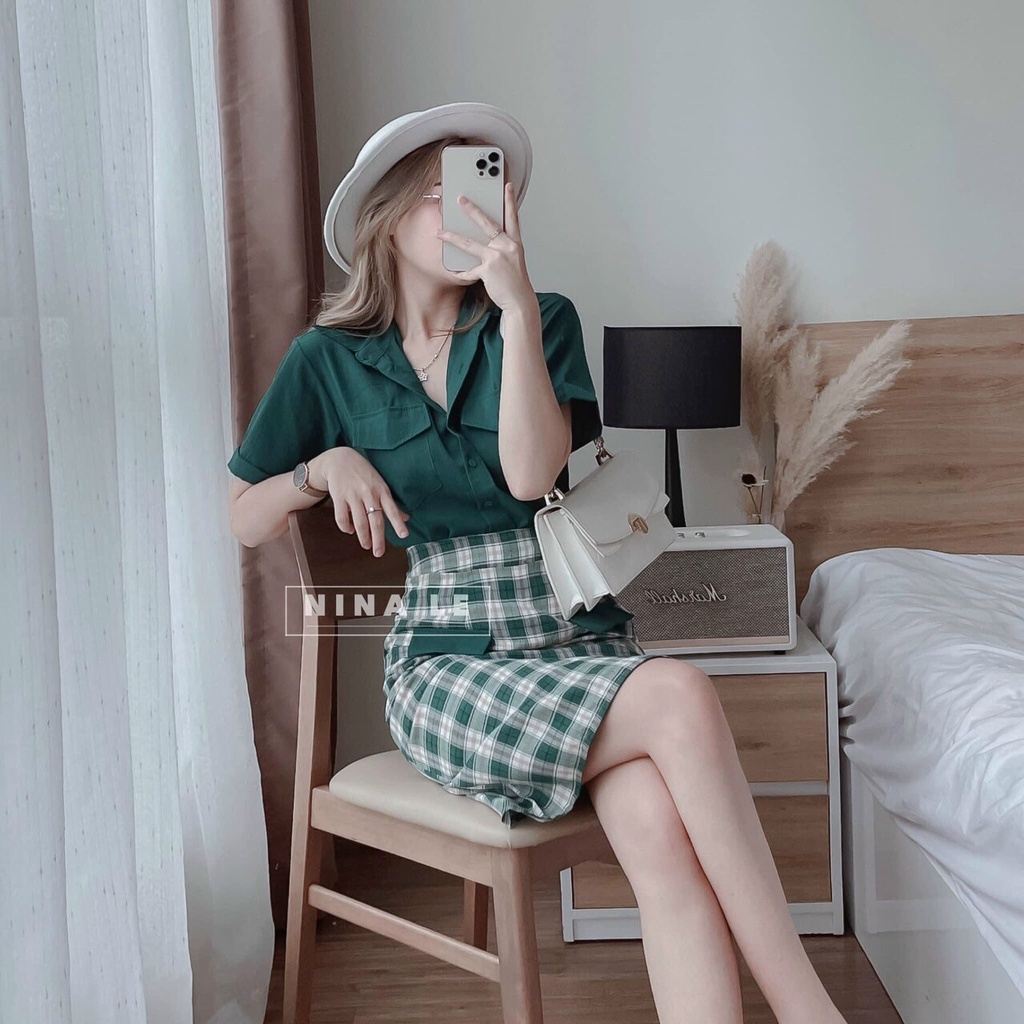 Set váy 2 món áo sơ mi form rộng ngắn tay có khuy kèm chân váy ôm body có túi, chất vải umi cao cấp