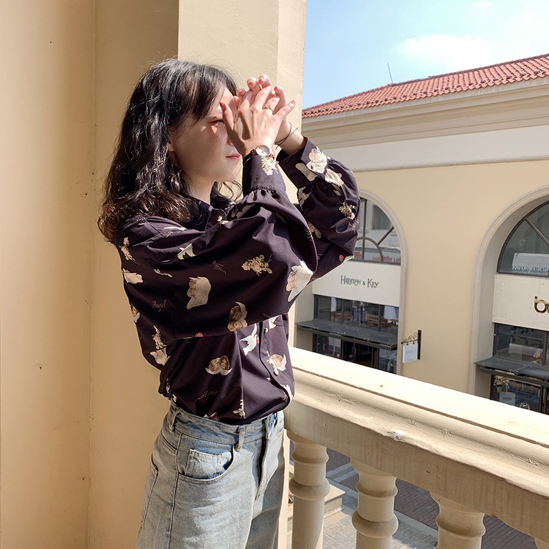 Áo sơ mi vải chiffon tay dài bồng phong cách cổ điển Hồng Kông cho nữ