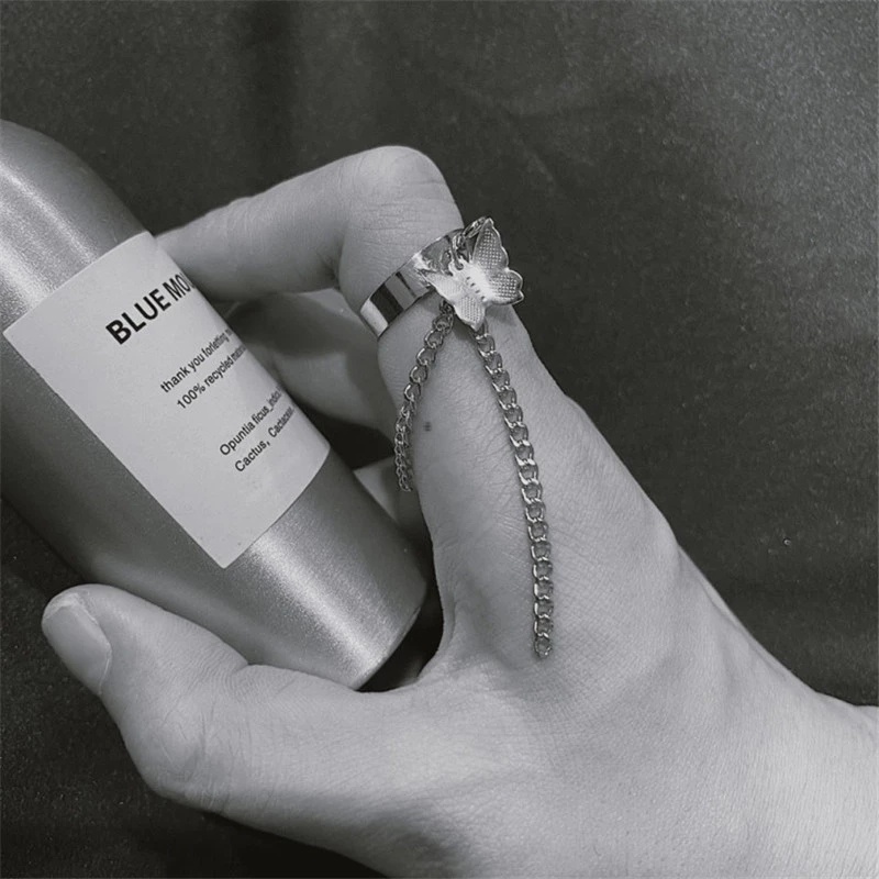 Nhẫn Dạng Hở Phối Dây Xích Hình Bướm Có Thể Điều Chỉnh Phong Cách Hip hop Thời Trang