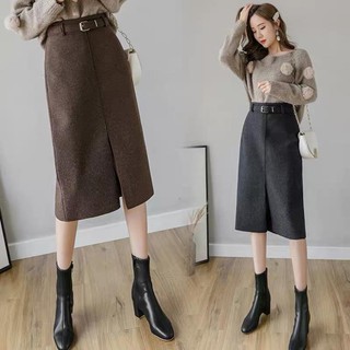 Chân váy dạ dáng dài xẻ gấu chất dạ dày mịn dáng siêu tôn dáng