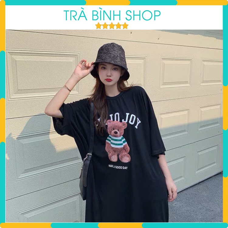Đầm Suông Nữ Chất Cotton In Họa Tiết Váy Ngắn Tay Hình Gấu Bông 2 Màu Thoáng Mát