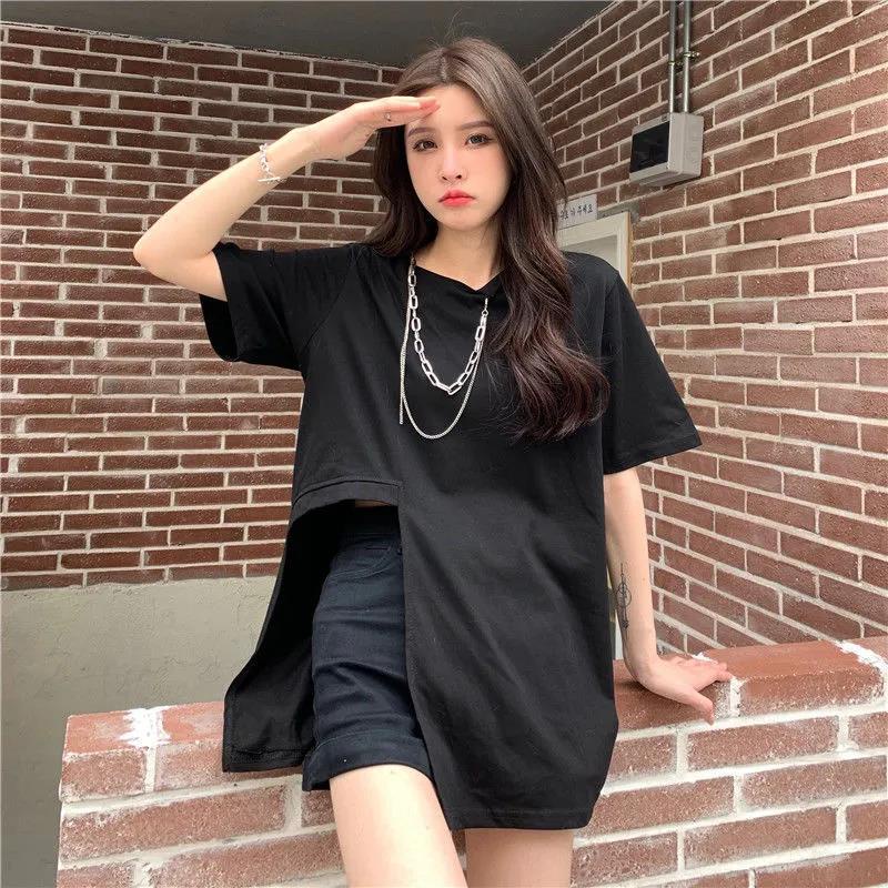 Jiashucheng Áo Thun Ngắn Tay Dáng Rộng Xẻ Tà Lệch Tà Màu Trắng Thời Trang Mùa Hè Cho Nữ