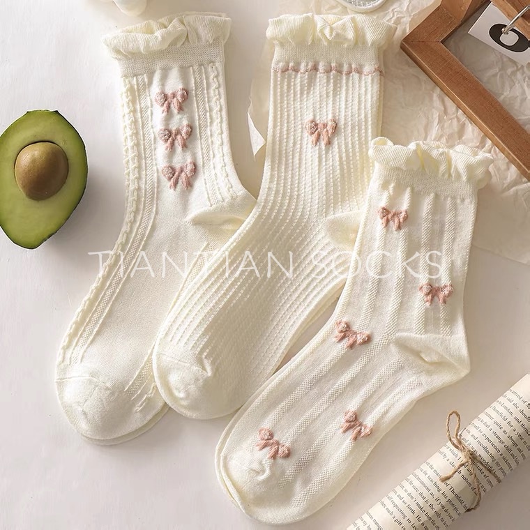 TIANTIAN T221 Tất cao cổ Vớ cotton Mỏng Màu Trắng Phối Ren Đính Nơ Phong Cách Nhật Bản Dễ Thương Thời Trang Xuân Hè Cho Nữ