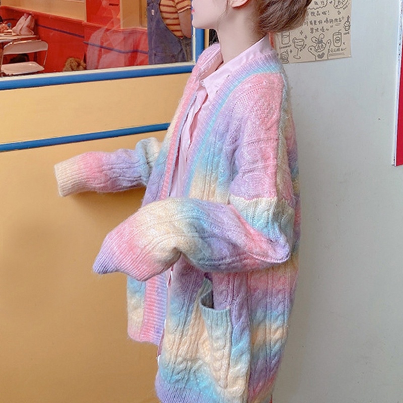 Áo Khoác Cardigan Dệt Kim Tay Dài Dáng Rộng Màu Cầu Vồng Thời Trang Cho Nữ