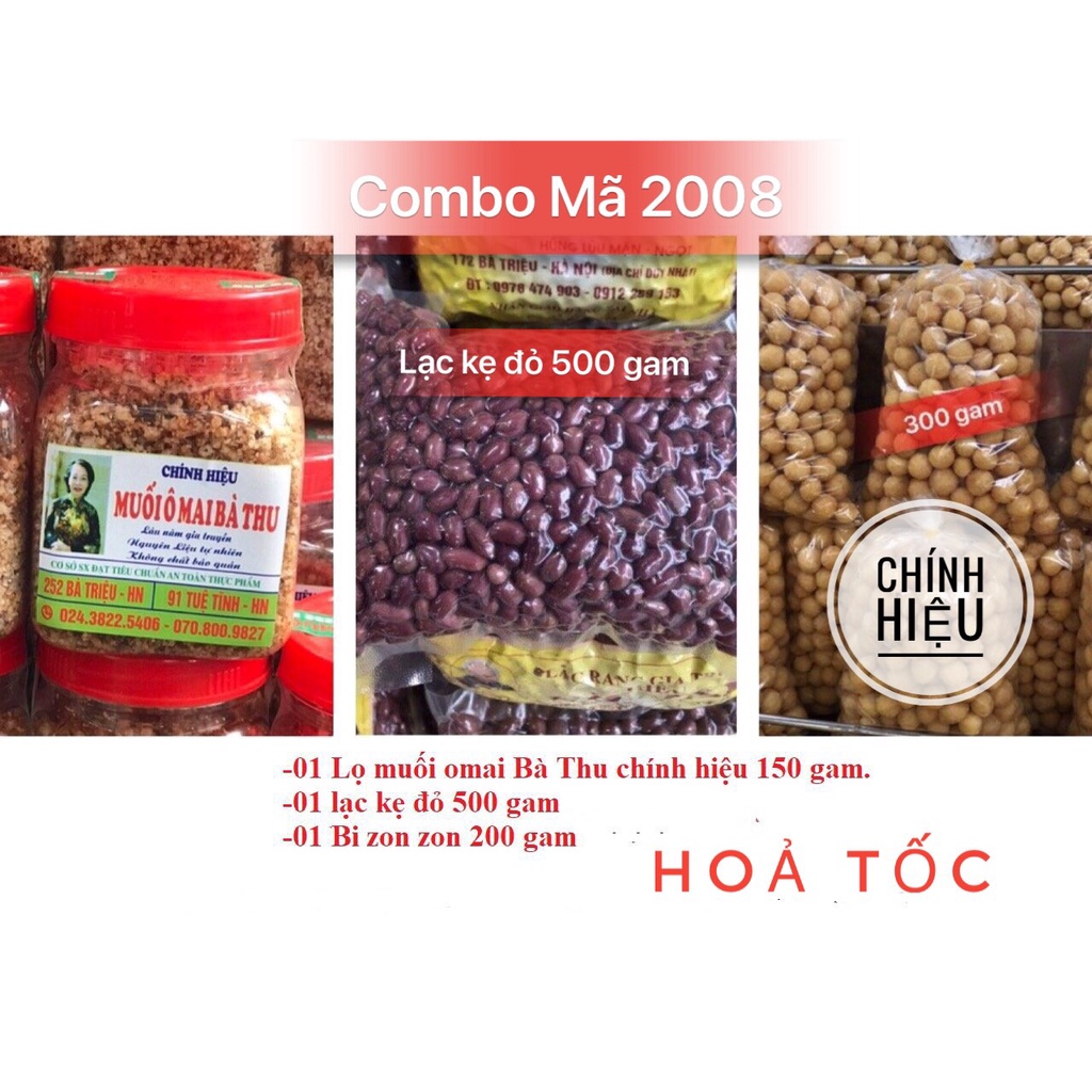 COMBO 2008 gồm 01 lọ muối omai 150 gam, 01 lạc kẹ đỏ rang húng lìu 500 gam và 01 gói bi zon zon 300 gam, đặc sản Hà Nội