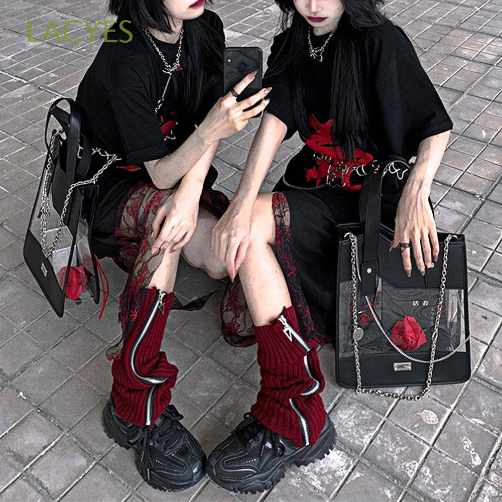 Vớ Dệt Kim Cổ Cao Qua Đầu Gối Màu Sắc Trơn Phối Khóa Kéo Phong Cách Gothic Hàn Quốc