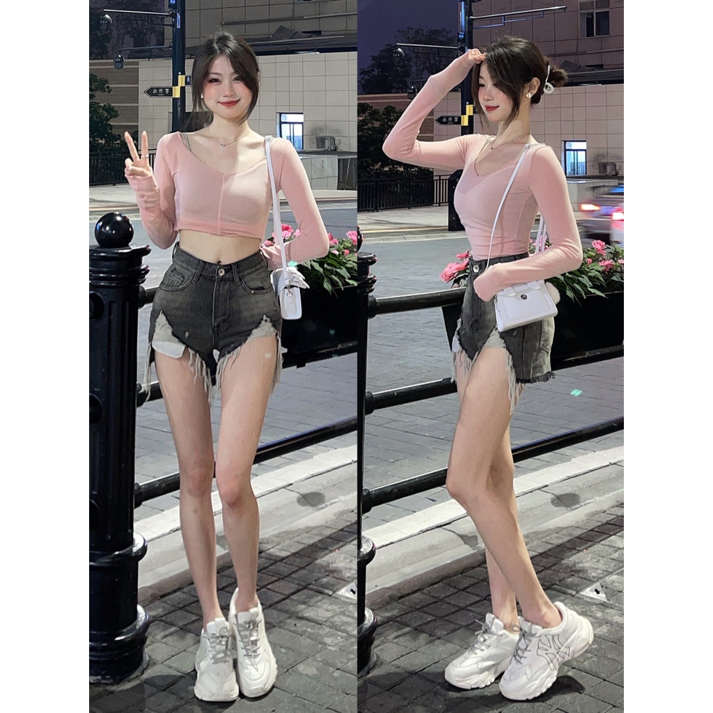 Cocory vn Quần Short Jean Rách Vintage Cho Nữ