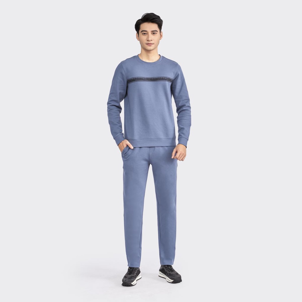 Bộ Đồ Dài Thu Đông Mặc Nhà Nam ARISTINO ALH012W2 Vải Cotton Màu Xanh Dáng Suông Áo Cổ Tròn Bo Cổ Gấu Tay Quần Cạp Chun