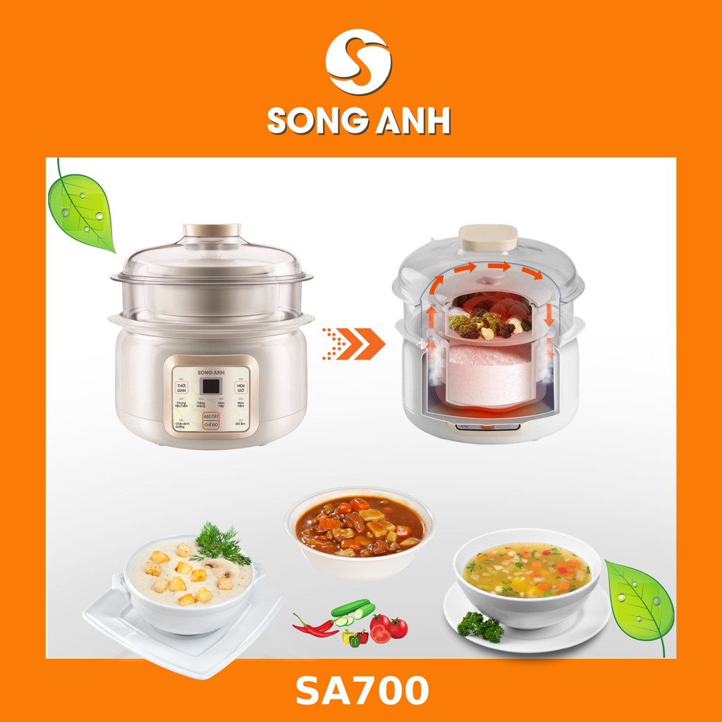 Nồi Nấu Cháo Chậm - Nồi Hầm, Ninh, Hấp Cách Thuỷ SONG ANH - Sản phẩm có 2 bát sứ và khay hấp kèm theo