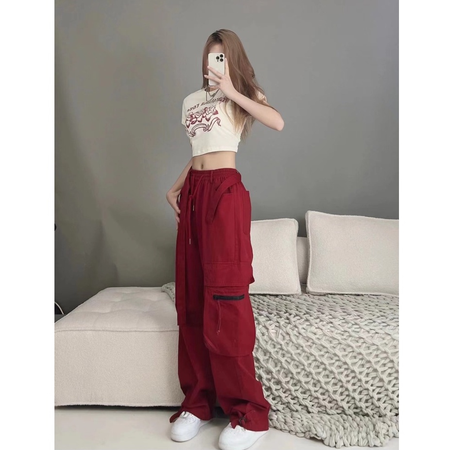 Ethelgirl Quần Dài Lưng Cao Màu Đỏ Phong Cách Đường Phố Mỹ Thời Trang Cho Nữ