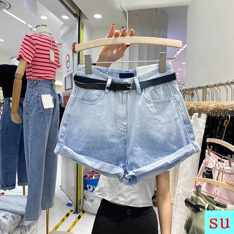 Quần Short Denim Màu Loang Lưng Cao Ống Rộng Thời Trang Mùa Hè 2022 Kích Thước Nhỏ Phong Cách Mới Cho Nữ