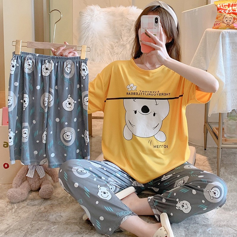 Đồ bộ nữ cộc tay hai quần dài ngắn chất cotton hoạt hình siêu xinh TN08 | BigBuy360 - bigbuy360.vn