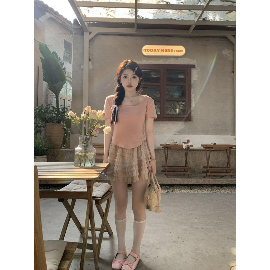 Áo Thun Cổ Vuông Ngắn Tay Phong Cách Hàn Quốc Cá Tính 62376