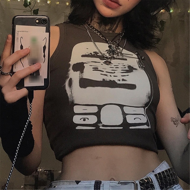 Áo Croptop Không Tay Cổ Tròn In Họa Tiết Y2K Gợi Cảm Dành Cho Nữ