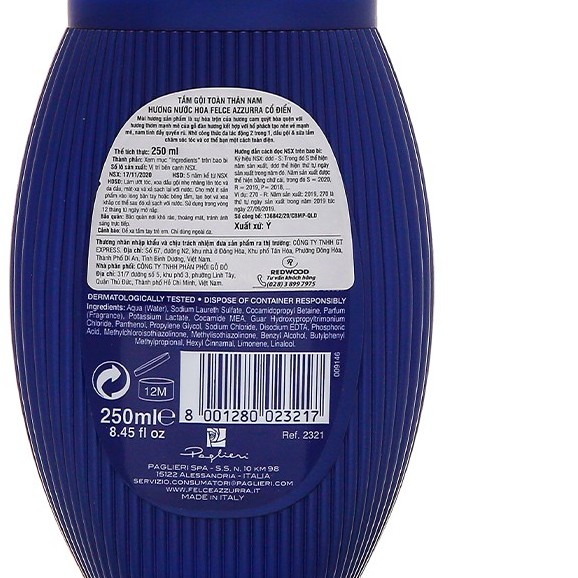 Tắm gội toàn thân nam hương nước hoa Felce Azzurra 250ml - Nhập khẩu từ Ý