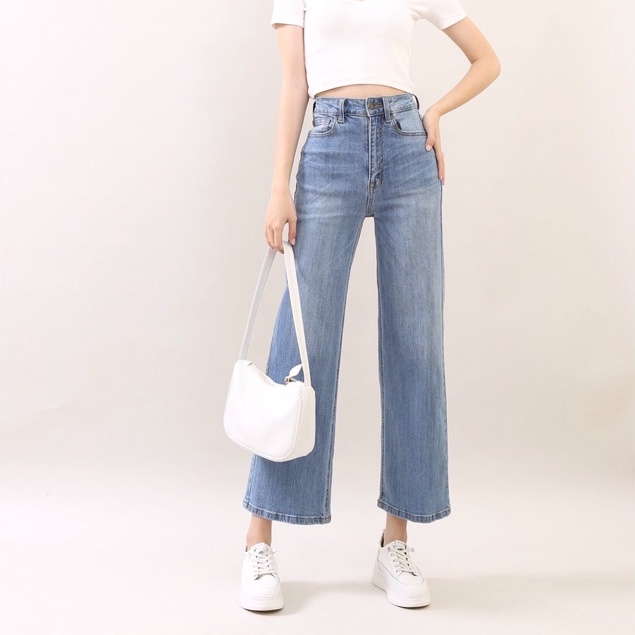 Quần Jean Nữ Ống Rộng cạp cao co giãn cơ bản Trơn Gấu Thường CT JEANS