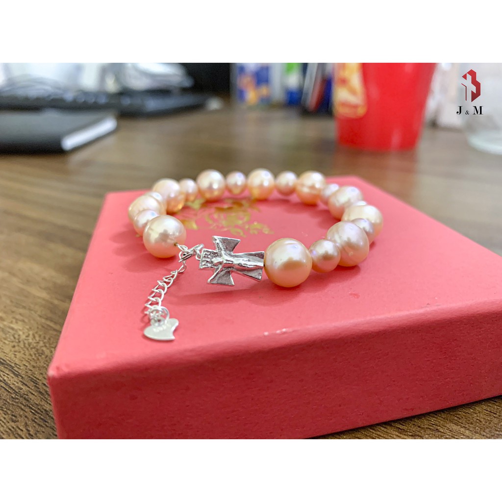 Chuỗi Mân côi tràng hạt đeo tay NT màu kem kèm Thánh Giá bạc ta 10mm