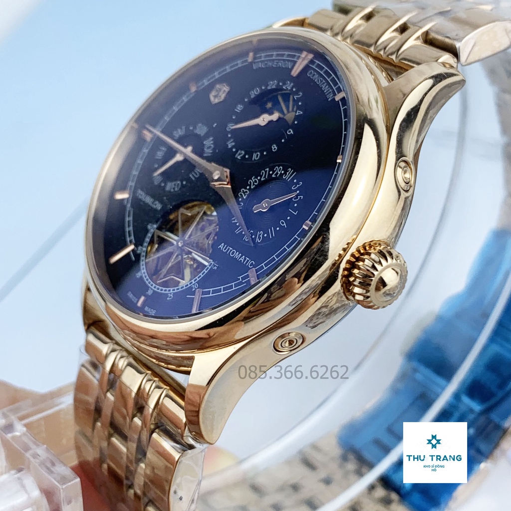 Đồng hồ Nam đồng hồ cơ máy nhật, mẫu 5 kim lộ cơ cánh khế mặt đen viền vàng size 40mm