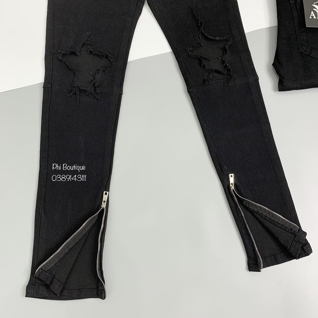 Quần Jean Zipper Đen Nam Rách Thủng Gối Phối Khoá Ống QJ132P