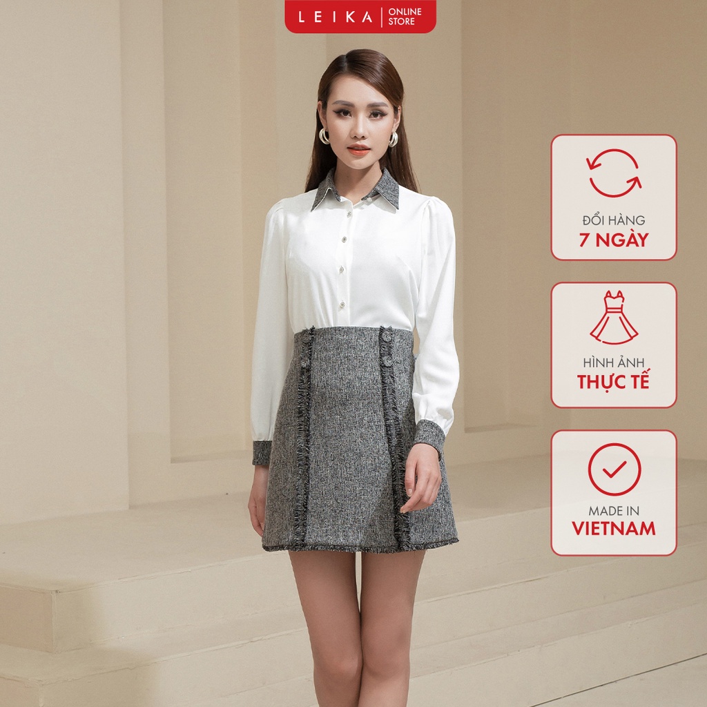 Áo Sơ mi DT cổ và măng séc phối tweed LEIKA