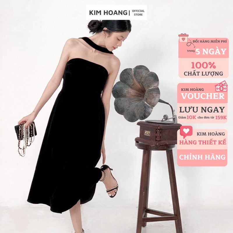 Đầm dự tiệc trễ vai Kim Hoàng. Váy đi tiệc dáng xoè cúp ngực thắt nơ lưng vải nhung đen hàng thiết kế cao cấp (Khả Ngân) | BigBuy360 - bigbuy360.vn